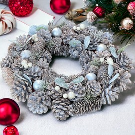MIJOMA Christmas Wreath, Pine Cone Wreath, Beautiful Winter Decoration for Wall and Door, Handmade Advent Wreath with Real Pine Cones, Artificial Fir and Berries (Silver/Brown)