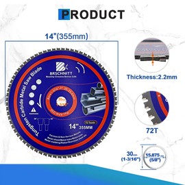 BRSCHNITT 14" 72T Metal Cutting Circular Saw Blade - Tungsten Carbide Tipped TCT Saw Blades for Steel, Stainless Steel, Nickel, Titanium, Ferrous Metals, Steel Pipe（Arbor:1-3/16"/1"）