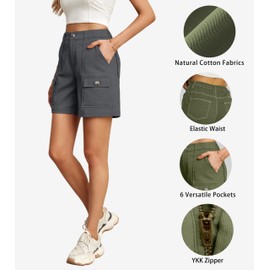 Lepunuo Cargo Shorts for Women Baggy Casual Elastic Waist Shorts Relaxed Fit Stretch Cargo Shorts with 6 Pockets Dark Grey