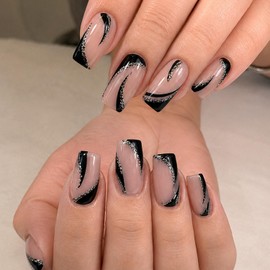 Medium Length Square Press on Nails Black French Tip Fake Nails with Glitter Designs Glossy Coffin Full Cover Stick on False Nail for Women 24 Pcs