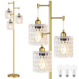 AHDWDW Gold Floor Lamp for Living Room,Modern Floor Lamps with Transparent Glass Shades,68IN Tall Mid Century Standing Lamp with Bulbs,3 Lights Vintage Tree Floor Lamps for Bedroom Corner Office