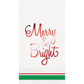 Unique Party Christmas Red Foil Merry & Bright Guest Napkins 39cm x 33cm 3Ply - Pack of 16