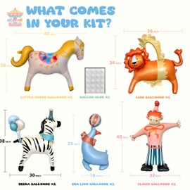 GELOUBO Circus Theme Party Balloons Set, 5PCS Large Standing animal Balloons – Clown, Lion, Sea Lion, Zebra & Carousel Horse,3D Cream Style Balloons for Kids Birthday, Baby Shower, Carnival Decoration