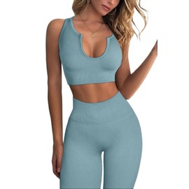 QINSEN Womens Yoga Pants Bodycon 2 Piece Outfits Cropped Tops High Waist Seamless Leggings 01 Blue S