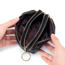 AprinCtempsD Ladies Coin Purse Genuine Leather Womens Mini Wallet Pouch with Key Ring Credit Card Holder Small with Multiple Zips (Black)