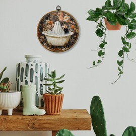 Hiuwevt Ghost Black Cat Bathroom Round Wall Art Decor, Spooky Ghost Black Cat in Bathtub Framed Canvas Prints, Cottagecore Floral Round Wall Hanging Decor for Bathroom Decorations, 10x10 Inches