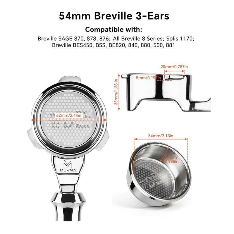 MUVNA 54mm Bottomless Portafilter, 3 Ears, Wood Grain Pattern, 16g