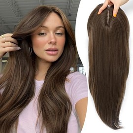 Synthetic Hair Topper with Bangs 18 Inch Layered Toppers for Women with Thinning Hair 5.5" x 5" Hand-Woven Forehead Hairline 360° 3D Cover Wispy Synthetic Toppers Hair for Women Fiber Wiglets