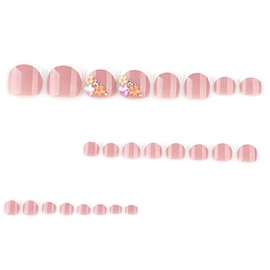 24Pcs Summer Press on Toenails Short Square, ZIFANHU Pink Toe Nail Tips Acrylic Nail Kit Fake Toe Nails Press ons White French Glue on Nails Full Cover Flower Rhinestone False Toenails for Women