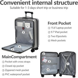 2pcs 20/24" Luggage Set Lightweight HardShell, Only 20 Inch Carry On 21.65*15.35*7.87" Cabin Suitcase with Front Pocket, 24 Inch 17.7*10.2*26" Checked Luggage, with YKK Zipper,with TSA Lock, Gray