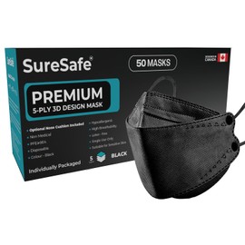 [50 Pack] SURESAFE 3D 5-PLY Contoured Fish Shape Mask, Latex Free Non-Woven Black Disposable Face Mask for Women and Men, Comfortable and Easy to Breathe
