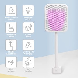 Banu Electric Fly Swatter Bug Zapper Racket, 180-Degree Folding, Adjustable 2-in-1 Mosquito Killer Lamp, Rechargeable 1200mAh Battery, 3-Layer Safety Mesh, Suitable for Indoor and Outdoor Use