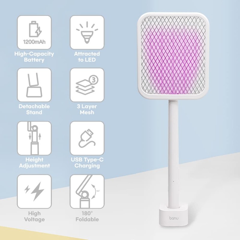 Banu Electric Fly Swatter Bug Zapper Racket, 180-Degree Folding, Adjustable