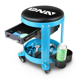 DNA MOTORING Round Mechanics Roller Seat Creeper Stool with Padded Cushion, Tool Storage Drawer & Tray, 300 Lbs Max Weight Capacity, Blue, TOOLS-00492