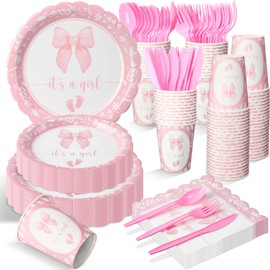Honeydak 175 Pcs Girl Baby Shower Decorations Plates Set for 25 Guest It's a Girl Baby Shower Decorations Pink Paper Plates Napkins Cups Plastic Utensils Sets for Birthday Gender Reveal Party Supplies