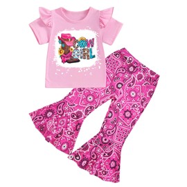 Toddler Girl Western Bell Bottom Outfit - Cowgirl Country Boot Print Tee Boho Flared Pants Rodeo Summer Clothes Set (PinkRose,100,1270b)
