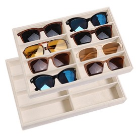 SPAKOWN Sunglass Organizer Tray 2 Pcs, Stackable Sunglass Display Trays for Drawers Velvet Glasses Storage Organizer Sunglasses Organizer 8 Grids for Men Women (Beige)