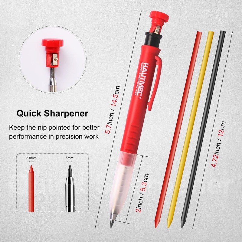 HAUTMEC Solid Carpenter Pencil with 6 Refills, Long Nose Deep