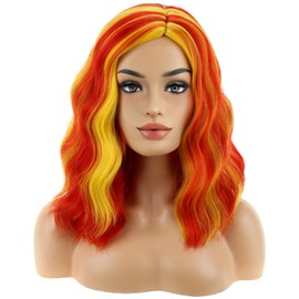 BERON Red and Yellow Short Curly Wavy Women Wig Red Mixed Golden Side Part Wigs Flag Heat Resistant Synthetic Wig Halloween Cosplay Costume Party Wigs
