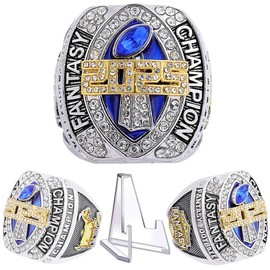 2025 Fantasy Football Championship Ring Heavy FFL Champion Trophy Ring Gold Silver Tone Plated Award Trophy for Fantasy Football League Winner (ring and stand together, size 10)