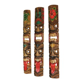 Zeckos Set of 5 Exquisite Hand-Carved Double Tiki Mask Totem Wall Sculptures, 40 Inches Tall, Crafted from Sustainable Wood, Vibrant Tropical Artistry for Indoors and Outdoors