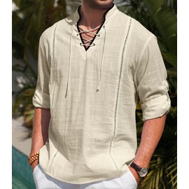 EDITCOZY Men's Cotton Linen Shirt Drawstring Tops Medieval Viking Pirate Renaissance Costume Khaki 3XL