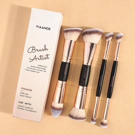 MAANGE Makeup Brushes Set, 4Pcs Premium Double-Ended Makeup Brush Foundation Contour Blush Highlight Blending Concealer Eyeshadow Brush Set Professional Face Brush Tools (Black/Gold)