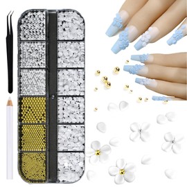 SILPECWEE White Petals Flower Nail Charms 5D Embossed Resin Flowers Charms for Acrylic Nails Pearls Gold Nail Beads Floral Nail Art Charms Spring Summer Nail Jewelry Decoration for Women