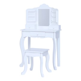Teamson Kids White Wooden Vanity Table and Stool Set for Girls with Mirror Drawers Jewelry Storage Elegant Play Furniture for Bedroom or Playroom Ages 3+