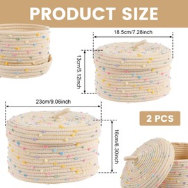 PTMTFYL 2 Pcs Round Baskets with Lid, Decorative Lidded Baskets, Cotton Rope Basket, Colorful Pompom and Beige Woven Boxes for Snack, Towel, Yarn, Nursery (Colorful)