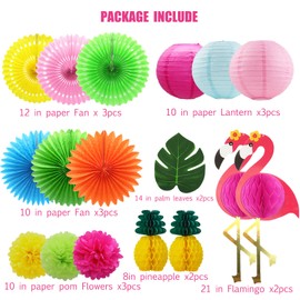 Flamingo Party Honeycomb Decoration, Hanging Paper Fan, Palm Leaf , Pineapple Paper lanternFiesta Party Supplies, Tissue Paper Flowers for Hawaiian Beach Luau Party Birthday Wedding Photo Backdrop
