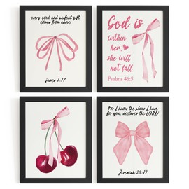 DSHFG Coquette Pink Bow Cherry Bible Verses Wall Decor, Pink Room Decor for Teen Girls Dorm Bedroom Bathroom, Christian Scripture Wall Art Prints Set of 4, 8x10 Unframed