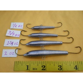 HOME MADE 10 PCS. SHAD JIGGING/ICE FISHING, CASTING LURE BAIT 2 OZ. UNPAINTED