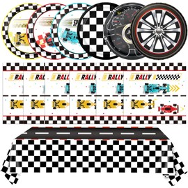 98Pcs Race Car Birthday Party Decorations Racing Themed Tableware Set Include Checkered Plates Napkins Tablecloth,for Boys Birthday,Kids Party,and Racing Party Decorations Supplies,Serves 48