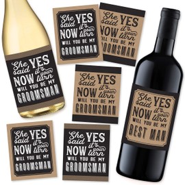 6 Will You ser mi Padrino + 1 Bonus Best Man propuesta vino, cerveza, whisky, botella de licor juego de pegatinas etiquetas o, compromiso de boda suministros para padrinos de boda fiesta mejor manera de pedir a tus Grooms hombre