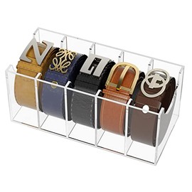 FEMELI Belt Organizer, Acrylic 5 Compartments Belt Container Storage Holder, Clear Belt Display Case for Closet Tie and Bow Tie
