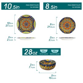 vancasso 12 Pieces Dinnerware Sets, Dark Green Plates and Bowls Set, Porcelain Dishes Set for 4, Microwave and Dishwasher Safe, Scratch Resistant, Bohemian Style Dining Ware Service for 4, Series SIMI