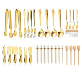 Gold Cheese Knife Set For Charcuterie Board Accessories, Stainless Steel Cheese Slicer And Butter Spreader knives Kit With Serving Tongs, Spoons, Forks, Flags Cheese Markers, Honey Dipper