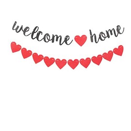 Cartel de bienvenida a casa, cartel de fiesta en casa con un montón de decoraciones de corazones rojos, suministros para fiestas temáticas familiares (kit negro brillante rojo).