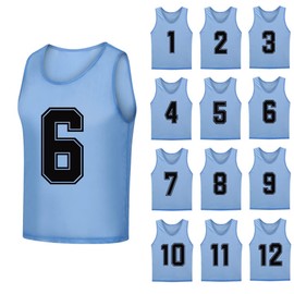 SHIJIXING 12 Pack（1-12） Numbered Pinnies/Soccer Training Bibs/Basketball Jerseys for Kids,Youth and Adults (L, 1-12 Sky Blue)