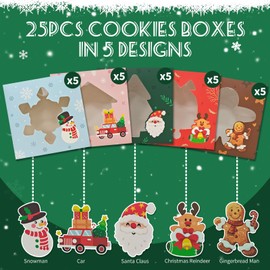 25 Pcs Christmas Cookie Boxes,Holiday Bakery Cupcake Boxes with Window,Christmas Sweet Boxes,Xmas Boxes for Gift Giving Desserts Pastry Supplies,5 Styles,10x10x6cm
