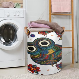 Boho Ethnic Owl Large Round Laundry Basket Collapsible Laundry Hamper with Leather Handles Durable Dirty Clothes Storage Bins for Living Room Bedroom Dorm Closet Organizers and Storage