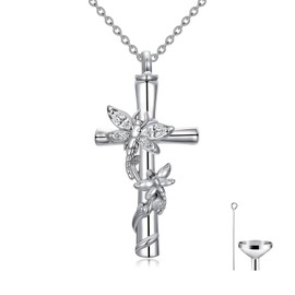 HVQP Dragonfly Cross Urn Necklaces for Ashes Women White Gold Plated s925 Sterling Silver w/Funnel Filler Memorial Cremation Jewelry with Apri Birthstone Christmas Birthday Gifts for Women Her Wife