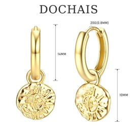 Dochais 14K Gold Plated S925 Sterling Silver Post Earrings Lightweight Drop Dangle Hoop Hypoallergenic Sleeping Earrings for Women girls, with Charm Coin, Pearl, Lightening, Star, Cross (Gold1)