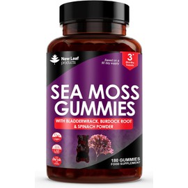 Sea Moss Gummies - Enriched with Irish Sea Moss, Burdock Root and Bladderwrack - High Strength 3000mg Vegan Vitamin Gummies - Seamoss Gummies Made in UK by New Leaf 180 Gummys