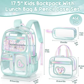 Fimibuke Clear Backpack for Girls, 3PCS Heavy Duty PVC Transparent Kids Backpack for Teen Girls, School, Concert, Stadium Events Approved See Through School Girl Bookbag with Lunch Box & Pencil Case