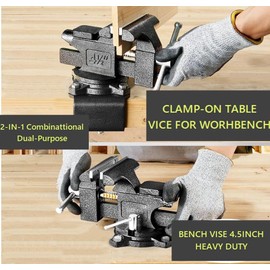 Bench Vise 4-1/2in Multi-Purpose Bench Vice Clam on Vise, Heavy Duty Cast Iron Bench Clamp with Anvil-Multi-Jaw Swivel Base - Bnech Vice for Workbench, Woodworking, Workshop DIY