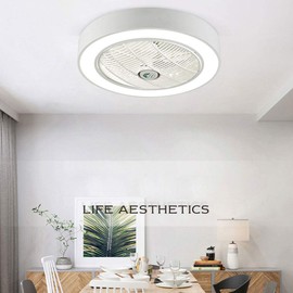 TFCFL 22" Modern Invisible Ceiling Fan with Light, Semi Flush Mount Invisible Chandelier Fan Drum Shape with Remote Control 3-Speed Hidden Blades Low Profile Quiet Electric Fan for Bedroom (White)