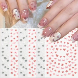 Glitter Heart Star Bows Nail Stickers for Nail Art - 3D Self-Adhesive Shiny Silver Pink Heart Star Bows Nail Design Decals Nail Tips Nail Art Decoration for Acrylic Natural Nails DIY Supplies 6 Sheets