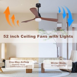 52 Inch Wood Ceiling Fan, 3 Blades 6 Speed Living Room Fan Ceiling with Light, Reversible Noiseless, for Living Room Patio Deck Porch Bedroom (Black + Walnut)